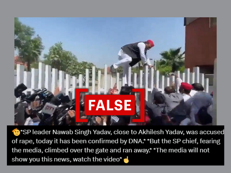 Screenshot of the viral video, which claims to show SP chief Akhilesh Yadav fleeing from journalists, with a FALSE tag.