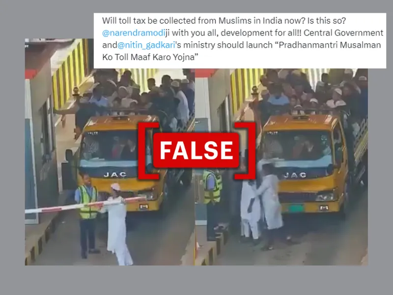 A screenshot of viral social media posts shows a group of men in traditional Muslim attire breaking the barrier at a toll plaza, used to promote a communal claim.