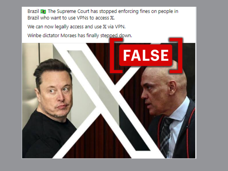 Screenshot of claims about the ban on X and the use of VPNs to access it in Brazil, with a FALSE tag.
