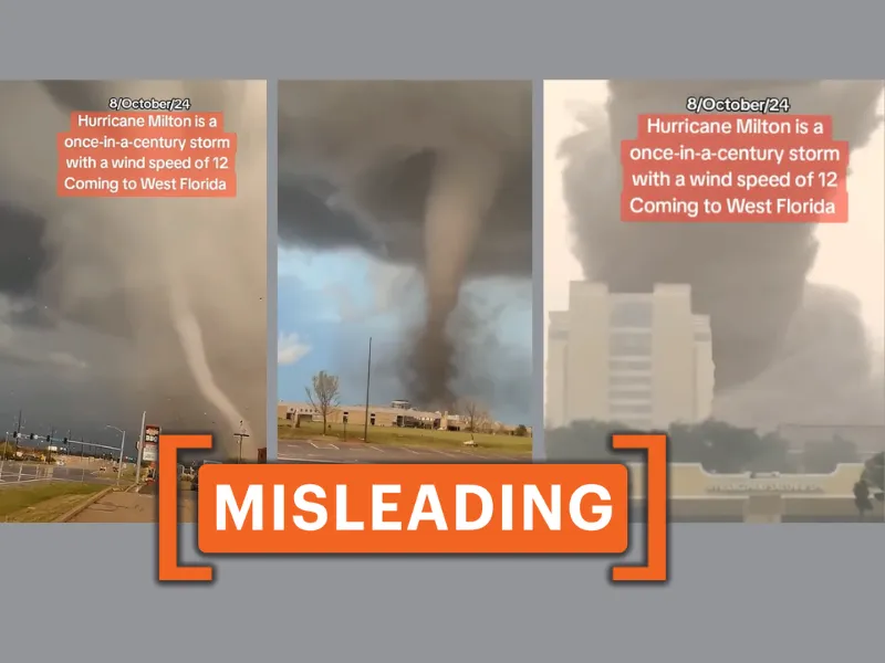 Screenshot of three clips showing tornadoes in different cities, used to claim they show the impact of Hurricane Milton.