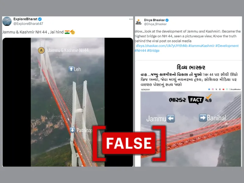 Screenshots from the video on social media display aerial shots of an orange bridge with white cables.