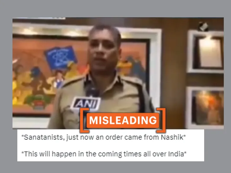 Screenshot of the viral video featuring the then-Nashik police commissioner Deepak Pandey along with a caption that links the 2022 order banning Hindu devoti