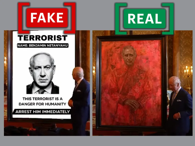 Screenshot of the viral and the original video showing King Charles III unveiling a big poster, with fake and real stamps over it.