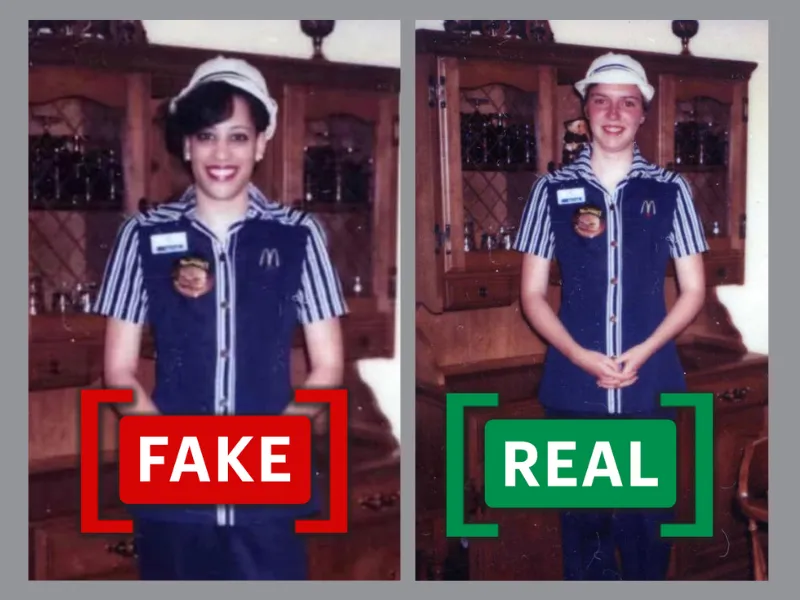 A comparison of the viral image depicting Kamala Harris in a McDonald's uniform alongside the original image of another woman, marked with "fake" and "real" stamps.