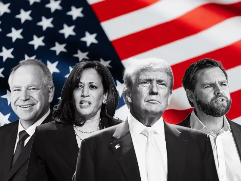 An image of Kamala Harris, Donald Trump, Tim Walz and J.D. Vance in black and white, with a colorful U.S. flag as the background.