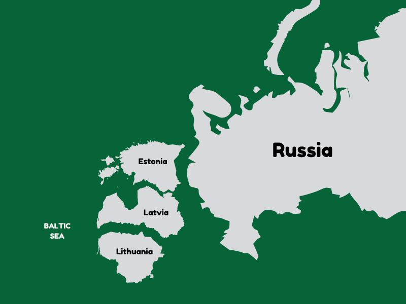 A map of the Baltic states Estonia, Latvia, and Lithuania next to Russia on a green background.