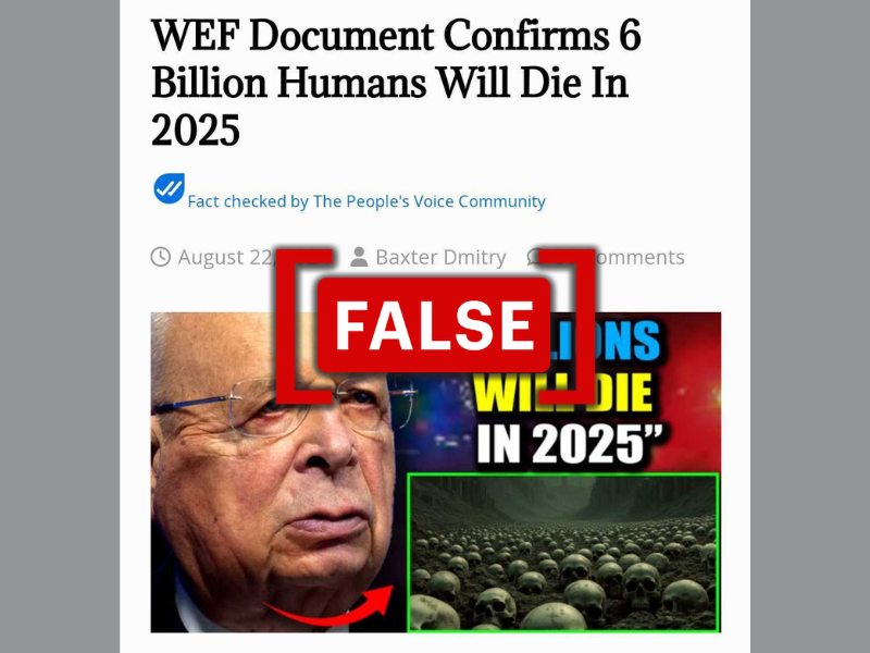 The article from the People's Voice circulating on social media, headlined "WEF Document Confirms 6 Billion Humans Will Die in 2025."