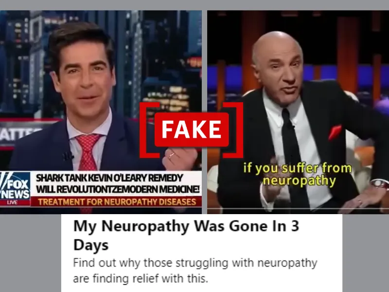 This image shows screenshots of the post sharing a deepfake video showing Jesse Watters and Kevin O'Leary promoting a neuropathy drug.