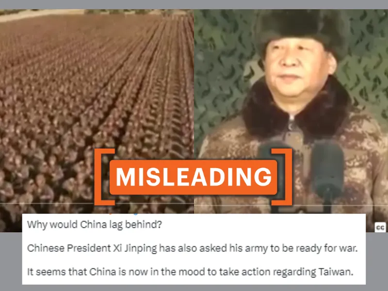 This image shows screenshots of social media posts falsely claiming that a video shows Chinese President Xi Jinping urging the army to prepare for war amid live Chinese exercises near Taiwan in October 2024.