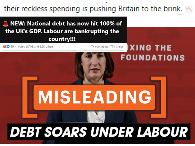 Screenshots of Facebook posts claiming that Labour is responsible for the high national debt.