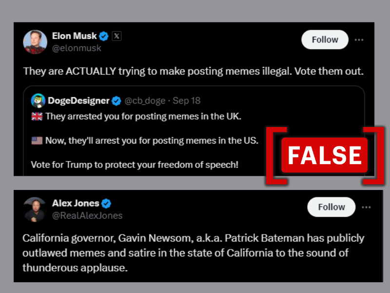 Screenshots of X posts by Alex Jones and Elon Musk claiming that California has banned memes and satire.