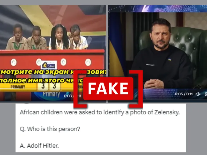 This image shows screenshots of social media posts, with captions claiming the video shows children identifying Ukraine President Volodymyr Zelenskyyas Adolf Hitler during a quiz.