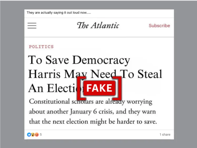 A post on X shows a fake Atlantic headline about Kamala Harris