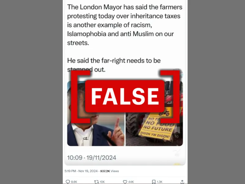 No, London Mayor Sadiq Khan did not accuse protesting farmers of 'Islamophobia'