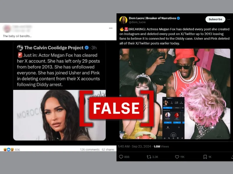 Viral posts on Facebook and X falsely claim that actress Megan Fox deleted all her X posts except for a few tweets from 2013, with a FALSE tag.