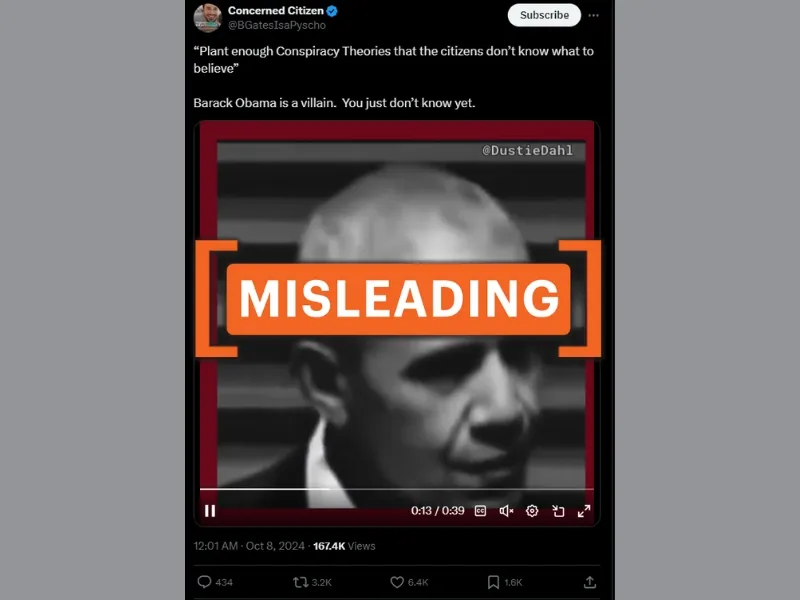 Posts share an out-of-context clip of Barack Obama that appears to suggest he endorses using disinformation and conspiracy theories to instill distrust in society, with a MISLEADING tag.