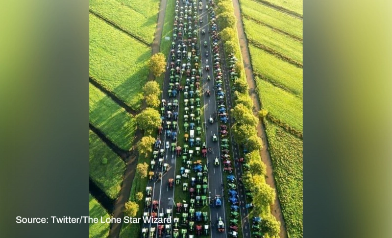 False: Farmers blocked a multi-lane roadway with their tractors in Netherlands to protest the government's emission policy.