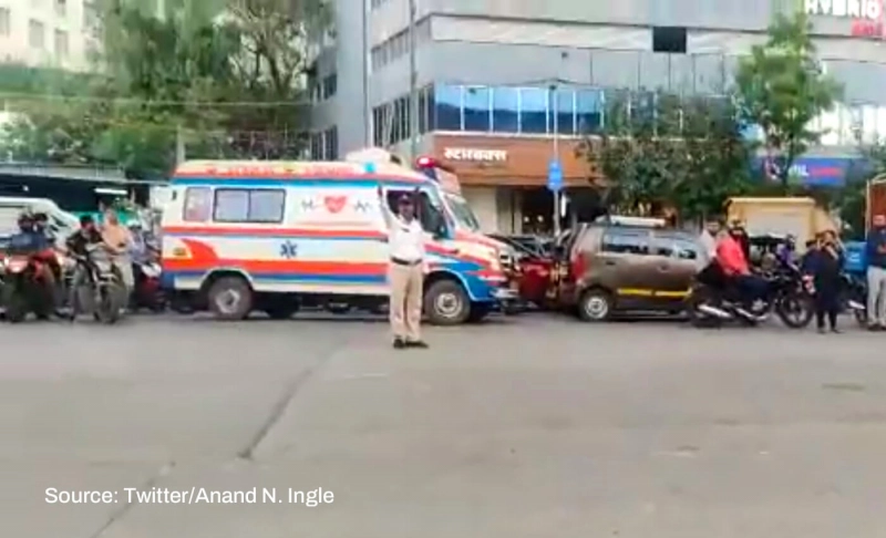 Misleading: An Ambulance was made to wait in traffic to make way for Amit Shah's convoy in Mumbai.