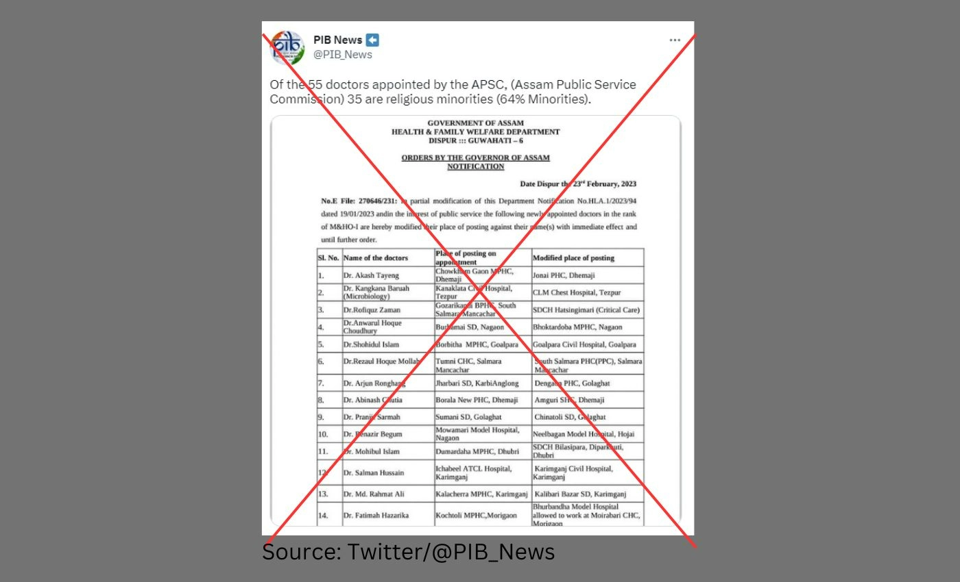 False: 64 percent of newly-appointed doctors in Assam are Muslims.