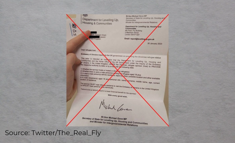 False: The U.K. Department for Levelling Up, Housing, and Communities (DLUHC) requested all hosts sheltering Ukrainian migrants to report adult males to the Ukrainian Embassy.