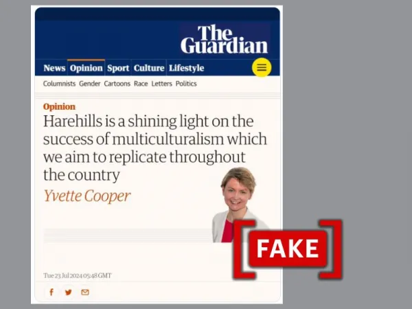 Fake image shared as Yvette Cooper article on multiculturalism in The Guardian