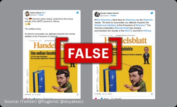 Digitally altered cover page of a German newspaper criticizing Zelenskyy shared as real