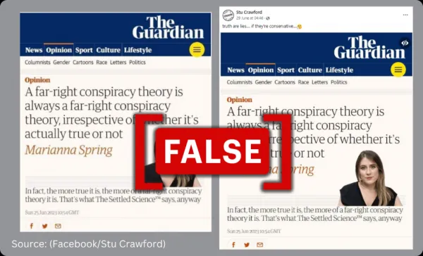 Fabricated headline about far-right conspiracy theories attributed to The Guardian