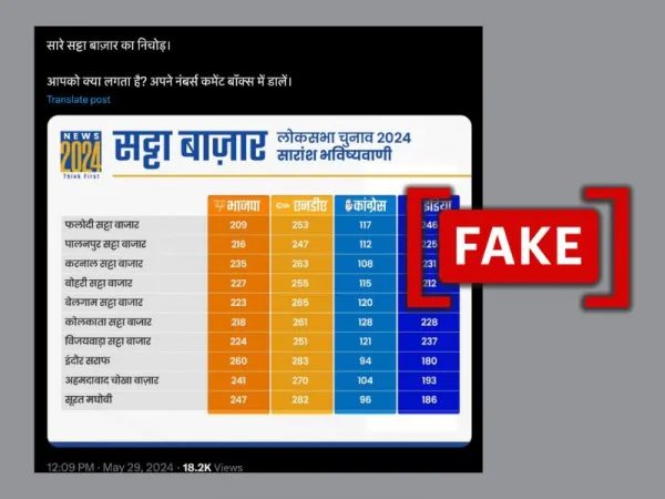 न्यूज़24 का फ़ेक ग्राफ़िक शेयर कर सट्टा बाज़ार में इंडिया ब्लॉक को बहुमत के क़रीब दिखाया गया