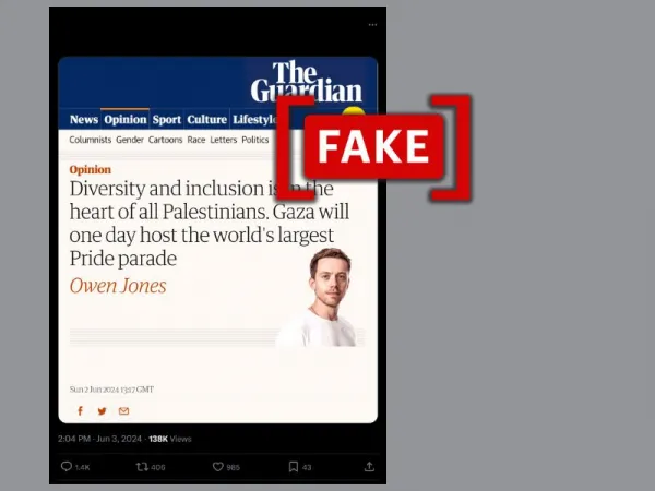 Fake screenshot shared as opinion piece in The Guardian about Gaza and Pride parade