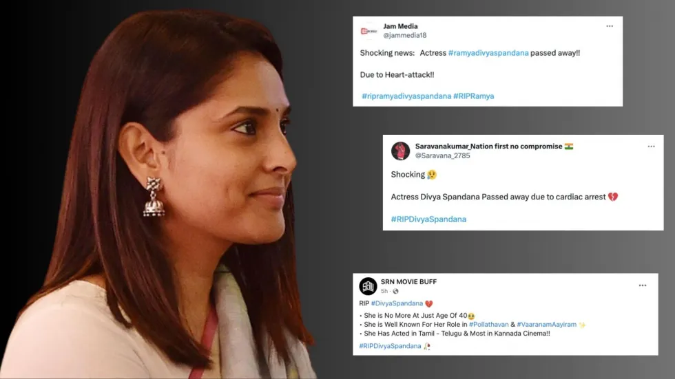 Viral posts falsely declare Indian actor and politician Divya Spandana dead