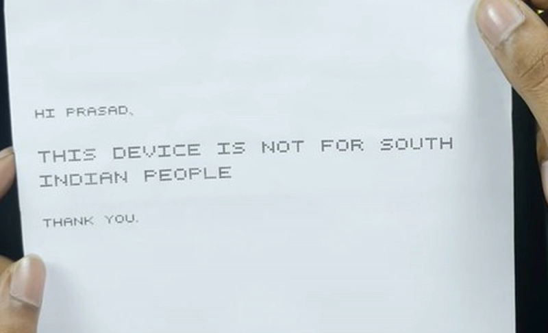 False: A Nothing Phone (1)'s unboxing video showed a note from the company stating that the "device is not for South Indians.