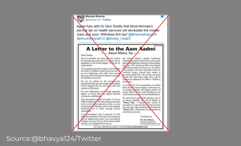 Misleading: Dr. Devi Shetty has written an open letter calling to end the 5 percent health service tax imposed by Modi Government.