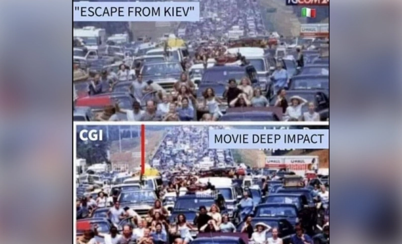 False: An Italian news channel used visuals from the film Deep Impact to depict an exodus of people from Kyiv.