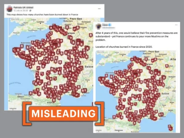 This map doesn't show churches 'burned down' in France over the last four years