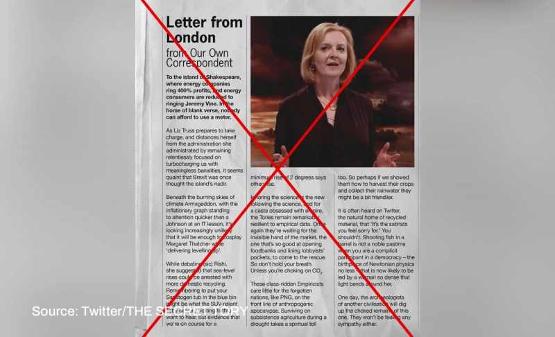 False: A newspaper from Papua New Guinea published a letter criticizing Liz Truss.