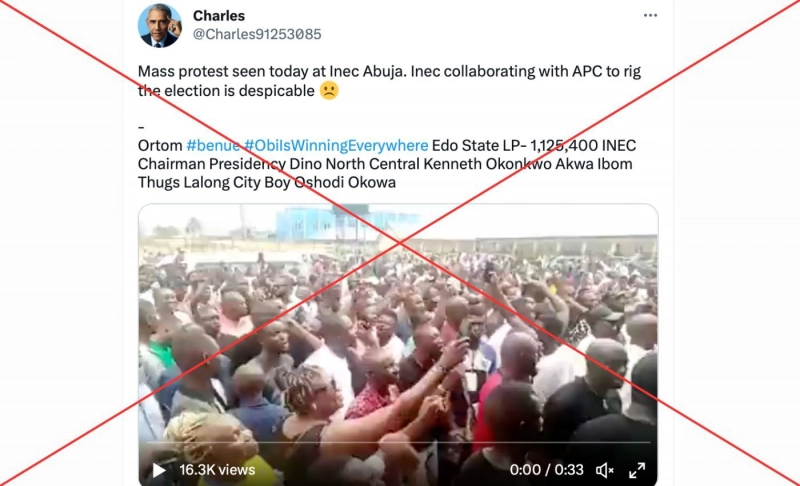 False: A video shows Nigerians protesting at INEC's National Collation Centre in Abuja following the 2023 election.