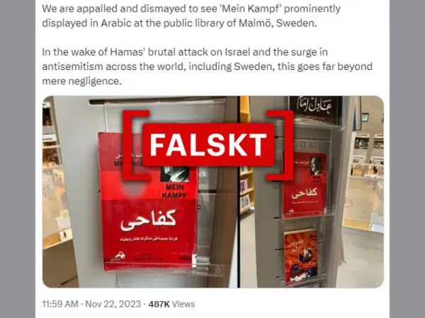 Nej, en arabisk översättning av "Mein Kampf" var inte "tydligt framställd" på ett svenskt bibliotek