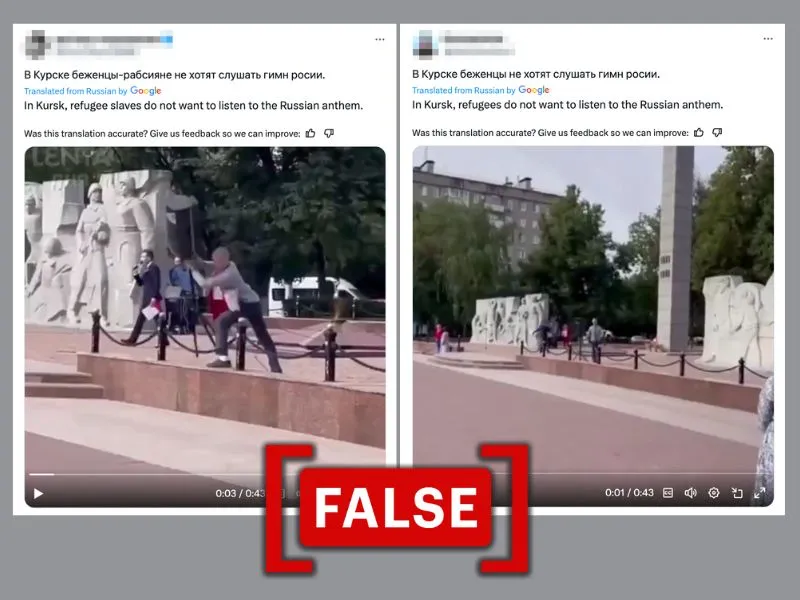 Video does not show a refugee in Kursk knocking over a speaker