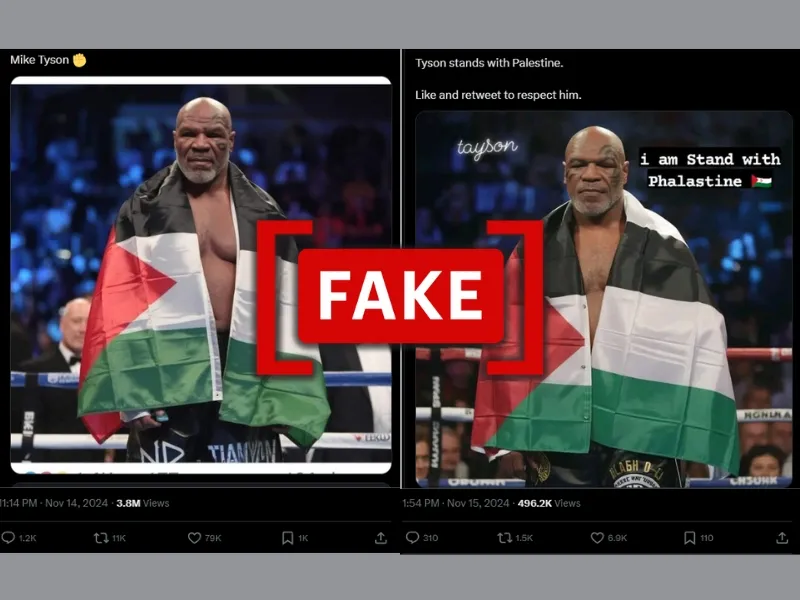 Screenshots of X posts featuring a fake image of Mike Tyson with a Palestinian flag draped over his shoulders, falsely claimed to be taken before the Mike Tyson vs. Jake Paul fight.