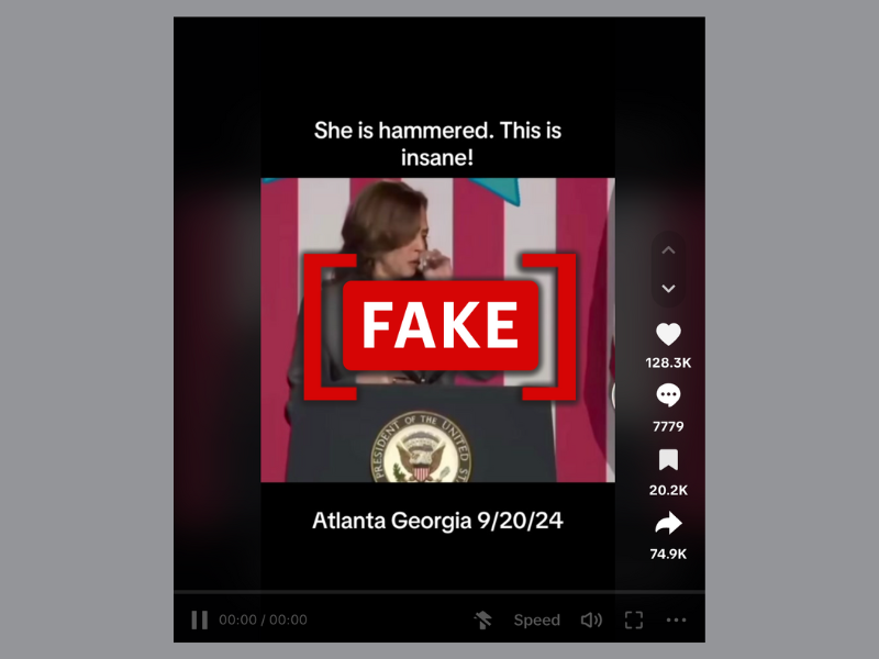 A screenshot of the altered video, where Harris' speech was distorted to make it appear as if she was slurring her words. (Image:TikTok/"Fake" label added by Logically Facts)